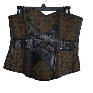 Women's Size 2XL Brown Black Faux Leather Lace Zip Up Renaissance Corset Top